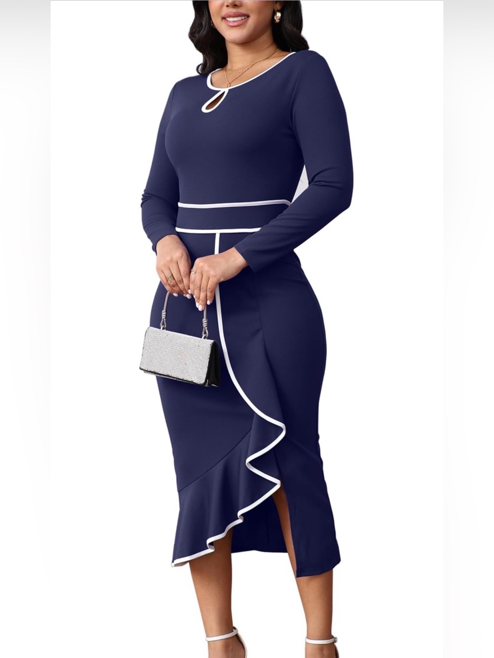 Women’s Navy Long-Sleeve Ruffle Sheath Dress with White Trim